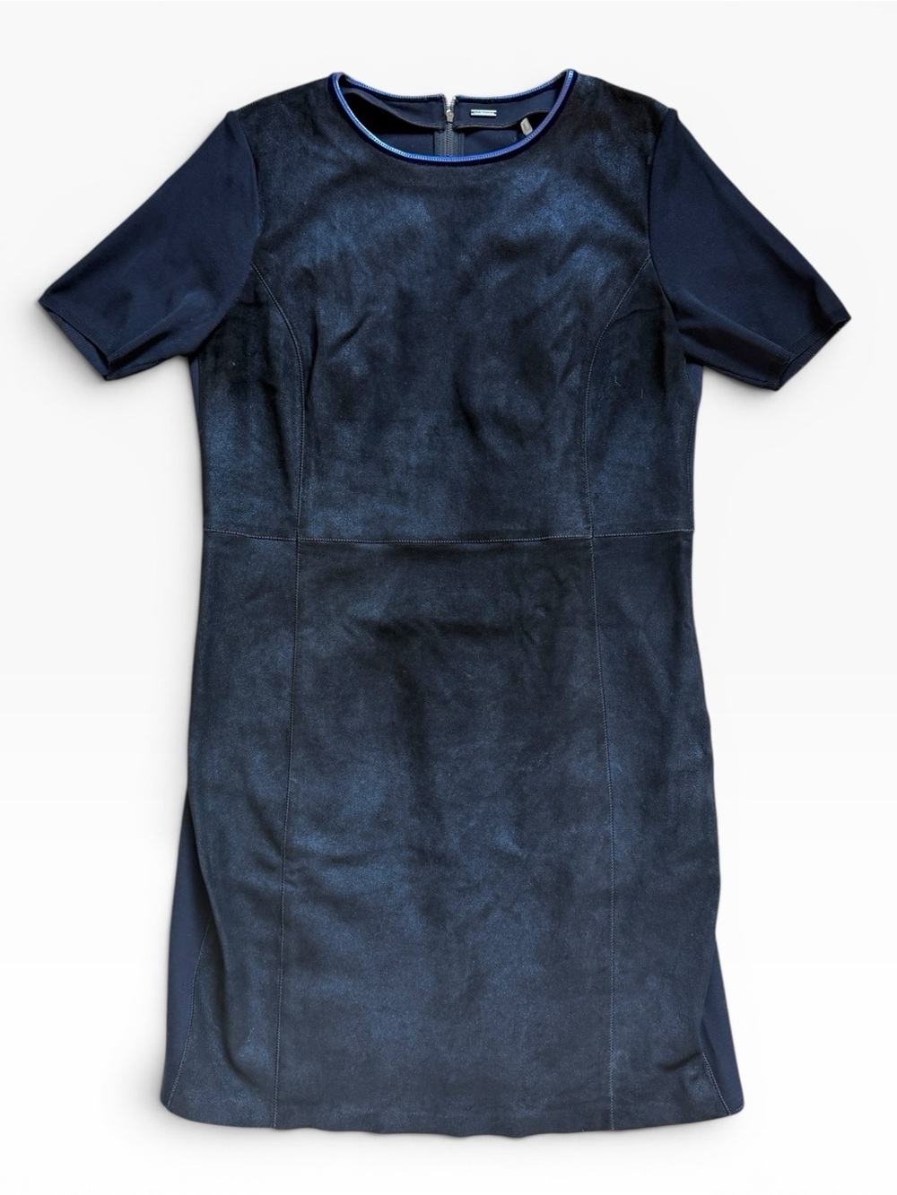 Elie Tahari “Emily” Mixed-Media Faux Suede Short Sleeve Sheath Dress Navy Blue